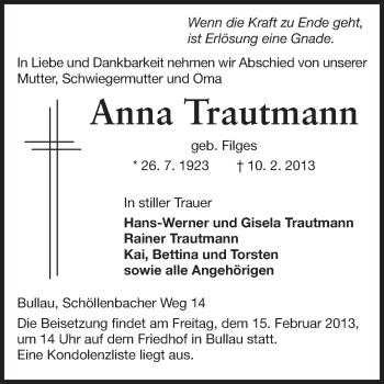 Traueranzeige von Anna Trautmann von Odenwälder Echo