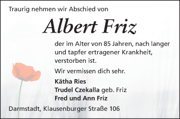 Traueranzeige von Albert Friz von Echo-Zeitungen (Gesamtausgabe)
