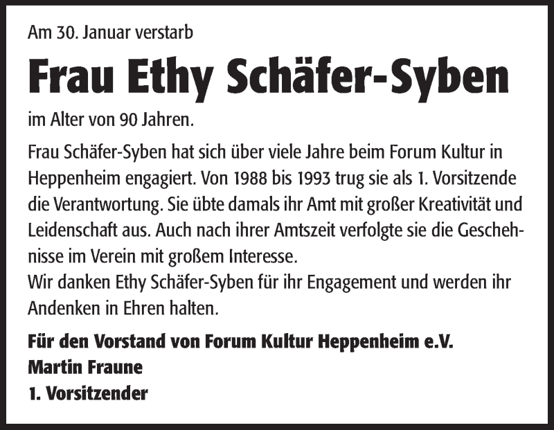  Traueranzeige für Ethy Schäfer-Syben vom 15.02.2013 aus Starkenburger Echo