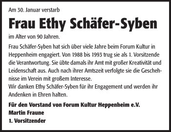 Traueranzeige von Ethy Schäfer-Syben von Starkenburger Echo