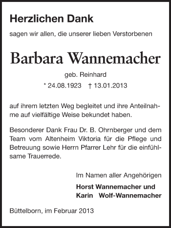 Traueranzeige von Barbara Wannemacher von Echo-Zeitungen (Gesamtausgabe)