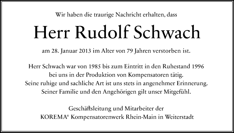  Traueranzeige für Rudolf Schwach vom 16.02.2013 aus Echo-Zeitungen (Gesamtausgabe)