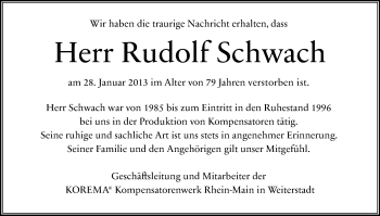 Traueranzeige von Rudolf Schwach von Echo-Zeitungen (Gesamtausgabe)