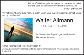 Traueranzeige von Walter Allmann von Echo-Zeitungen (Gesamtausgabe)