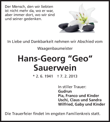 Traueranzeige von Hans-Georg Sauerwein von Echo-Zeitungen (Gesamtausgabe)