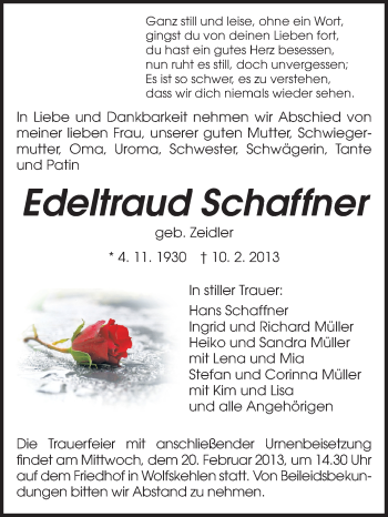 Traueranzeige von Edeltraud Schaffner von Rüsselsheimer Echo, Groß-Gerauer-Echo, Ried Echo