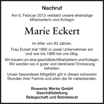 Traueranzeige von Marie Eckert von Odenwälder Echo