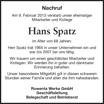 Traueranzeige von Hans Spatz von Odenwälder Echo