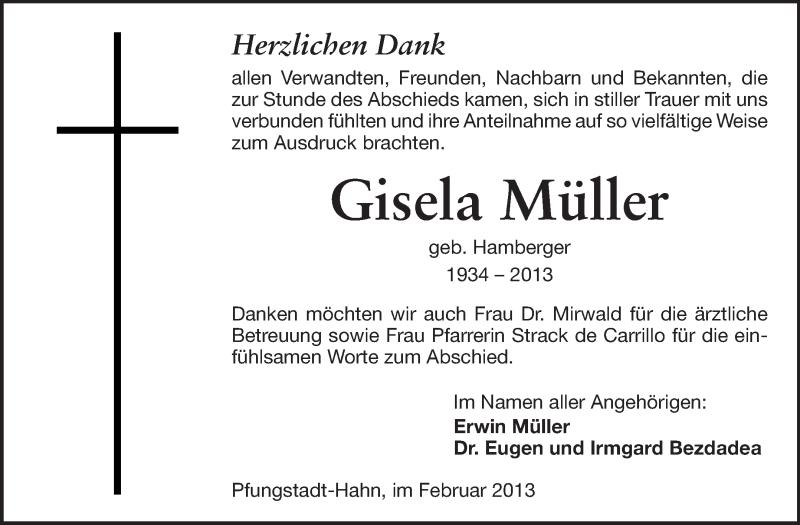  Traueranzeige für Gisela Müller vom 16.02.2013 aus Echo-Zeitungen (Gesamtausgabe)