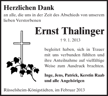 Traueranzeige von Ernst Thalinger von Rüsselsheimer Echo, Groß-Gerauer-Echo, Ried Echo