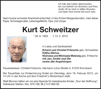 Traueranzeige von Kurt Schweitzer von Echo-Zeitungen (Gesamtausgabe)