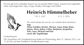 Traueranzeige von Heinrich Himmelheber von Echo-Zeitungen (Gesamtausgabe)