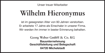 Traueranzeige von Wilhelm Hieronymus von Odenwälder Echo