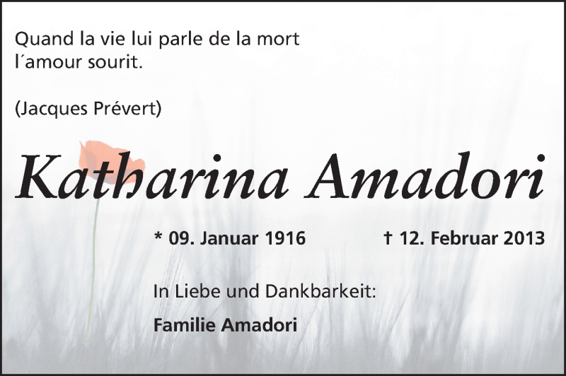  Traueranzeige für Katharina Amadori vom 16.02.2013 aus Echo-Zeitungen (Gesamtausgabe)