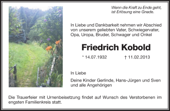 Traueranzeige von Friedrich Kobold von Echo-Zeitungen (Gesamtausgabe)