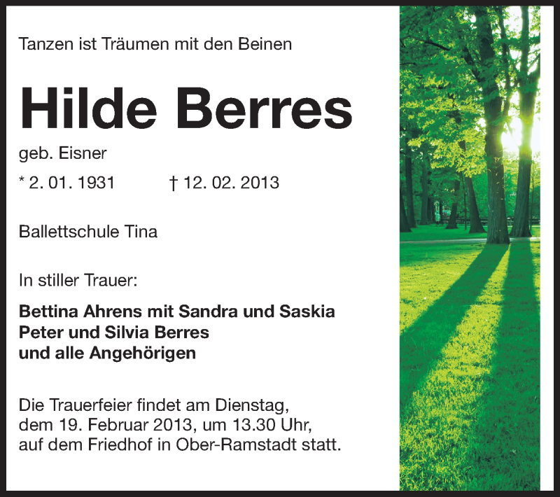  Traueranzeige für Hilde Berres vom 18.02.2013 aus Echo-Zeitungen (Gesamtausgabe)