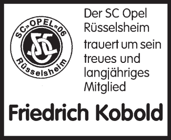 Traueranzeige von Friedrich Kobold von Rüsselsheimer Echo, Groß-Gerauer-Echo, Ried Echo