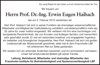 Traueranzeige von Erwin Eugen Haibach von Echo-Zeitungen (Gesamtausgabe)