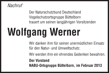 Traueranzeige von Wolfgang Werner von Rüsselsheimer Echo, Groß-Gerauer-Echo, Ried Echo