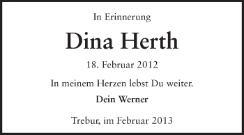 Traueranzeige von Dina Herth von Rüsselsheimer Echo, Groß-Gerauer-Echo, Ried Echo