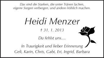 Traueranzeige von Heidi Menzer von Echo-Zeitungen (Gesamtausgabe)