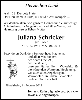 Traueranzeige von Juliana Schricker von Rüsselsheimer Echo, Groß-Gerauer-Echo, Ried Echo