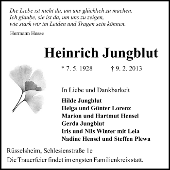 Traueranzeige von Heinrich Jungblut von Rüsselsheimer Echo, Groß-Gerauer-Echo, Ried Echo