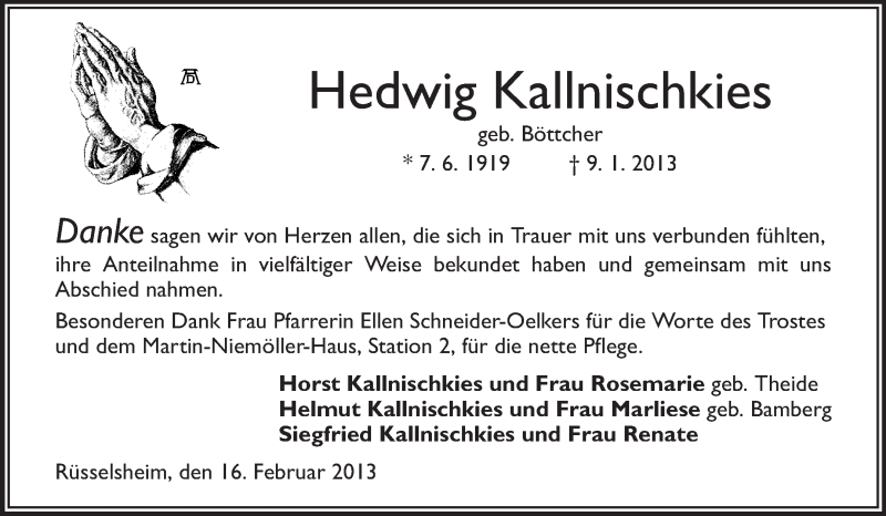  Traueranzeige für Hedwig Kallnischkies vom 16.02.2013 aus Rüsselsheimer Echo, Groß-Gerauer-Echo, Ried Echo
