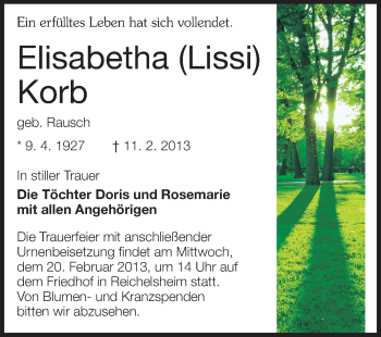 Traueranzeige von Elisabetha Korb von Odenwälder Echo