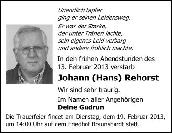 Traueranzeige von Johann Rehorst von Echo-Zeitungen (Gesamtausgabe)
