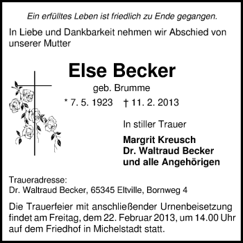 Traueranzeige von Else Becker von Echo-Zeitungen (Gesamtausgabe)
