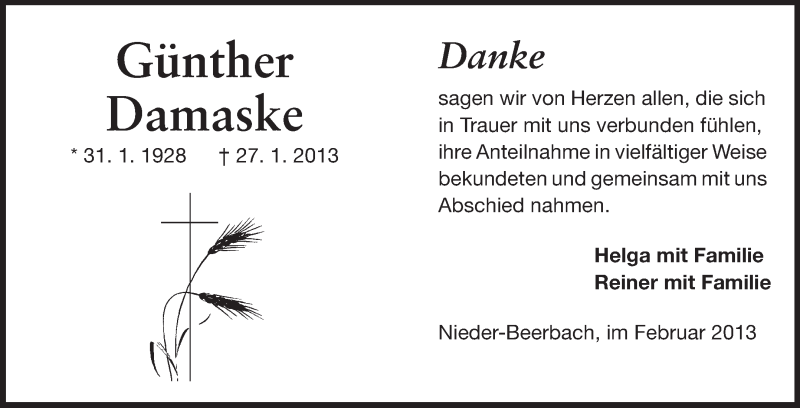  Traueranzeige für Günther Damaske vom 16.02.2013 aus Echo-Zeitungen (Gesamtausgabe)