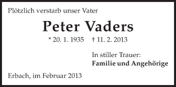 Traueranzeige von Peter Vaders von Odenwälder Echo