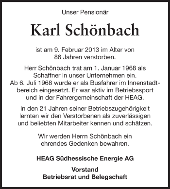 Traueranzeige von Karl Schönbach von Echo-Zeitungen (Gesamtausgabe)