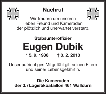 Traueranzeige von Eugen Dubik von Odenwälder Echo
