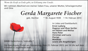 Traueranzeige von Gerda Margarete Fischer von Echo-Zeitungen (Gesamtausgabe)