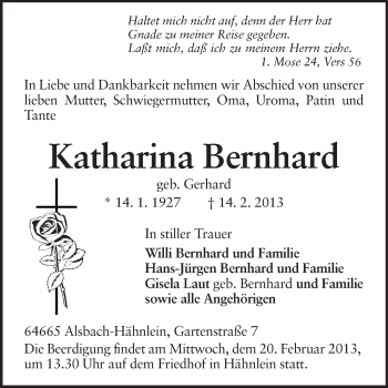 Traueranzeige von Katharina Bernhard von Echo-Zeitungen (Gesamtausgabe)