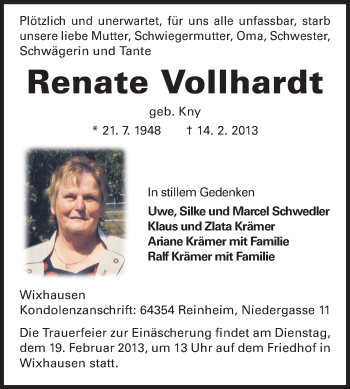 Traueranzeige von Renate Vollhardt von Echo-Zeitungen (Gesamtausgabe)
