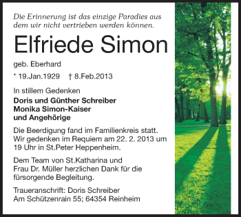Traueranzeige von Elfriede Simon von Starkenburger Echo