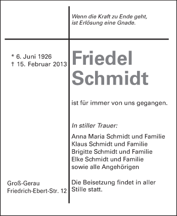 Traueranzeige von Friedel Schmidt von Rüsselsheimer Echo, Groß-Gerauer-Echo, Ried Echo