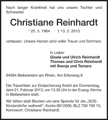 Traueranzeige von Christiane Reinhardt von Echo-Zeitungen (Gesamtausgabe)