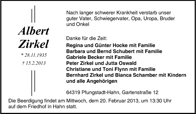 Traueranzeige für Albert Zirkel vom 18.02.2013 aus Echo-Zeitungen (Gesamtausgabe)