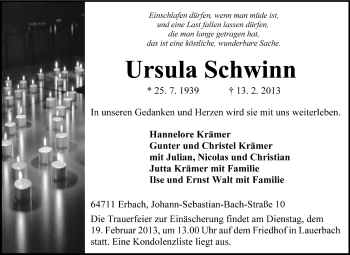 Traueranzeige von Ursula Schwinn von Odenwälder Echo