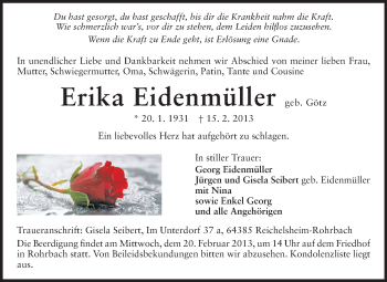 Traueranzeige von Erika Eidenmüller von Echo-Zeitungen (Gesamtausgabe)