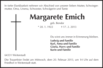 Traueranzeige von Margarete Emich von Echo-Zeitungen (Gesamtausgabe)