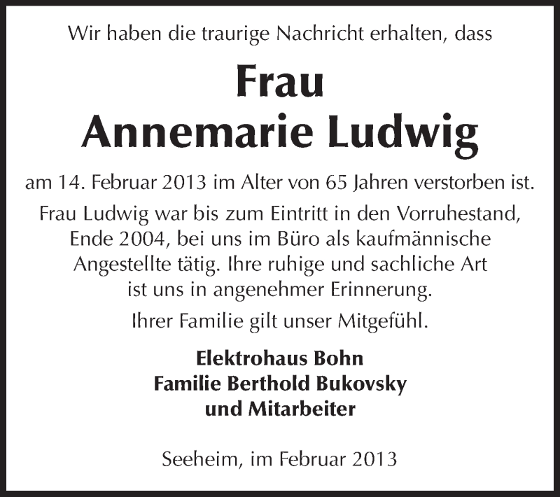 Traueranzeige für Annemarie Ludwig vom 19.02.2013 aus Echo-Zeitungen (Gesamtausgabe)