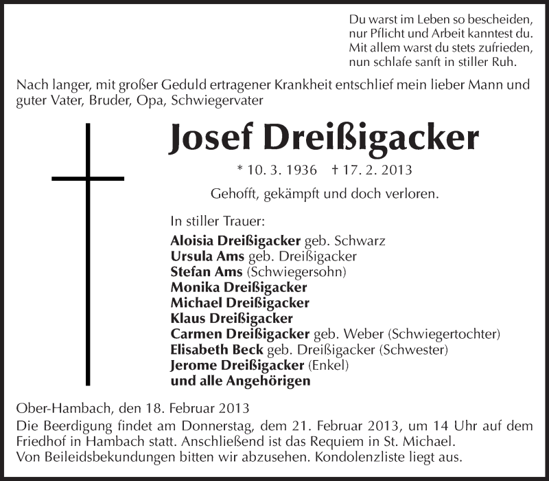  Traueranzeige für Josef Dreißigacker vom 19.02.2013 aus Starkenburger Echo