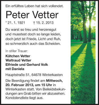 Traueranzeige von Peter Vetter von Odenwälder Echo