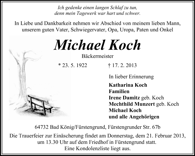  Traueranzeige für Michael Koch vom 19.02.2013 aus Odenwälder Echo
