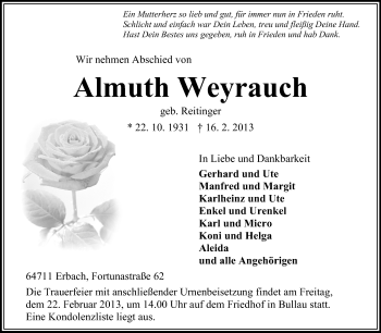 Traueranzeige von Almuth Weyrauch von Odenwälder Echo